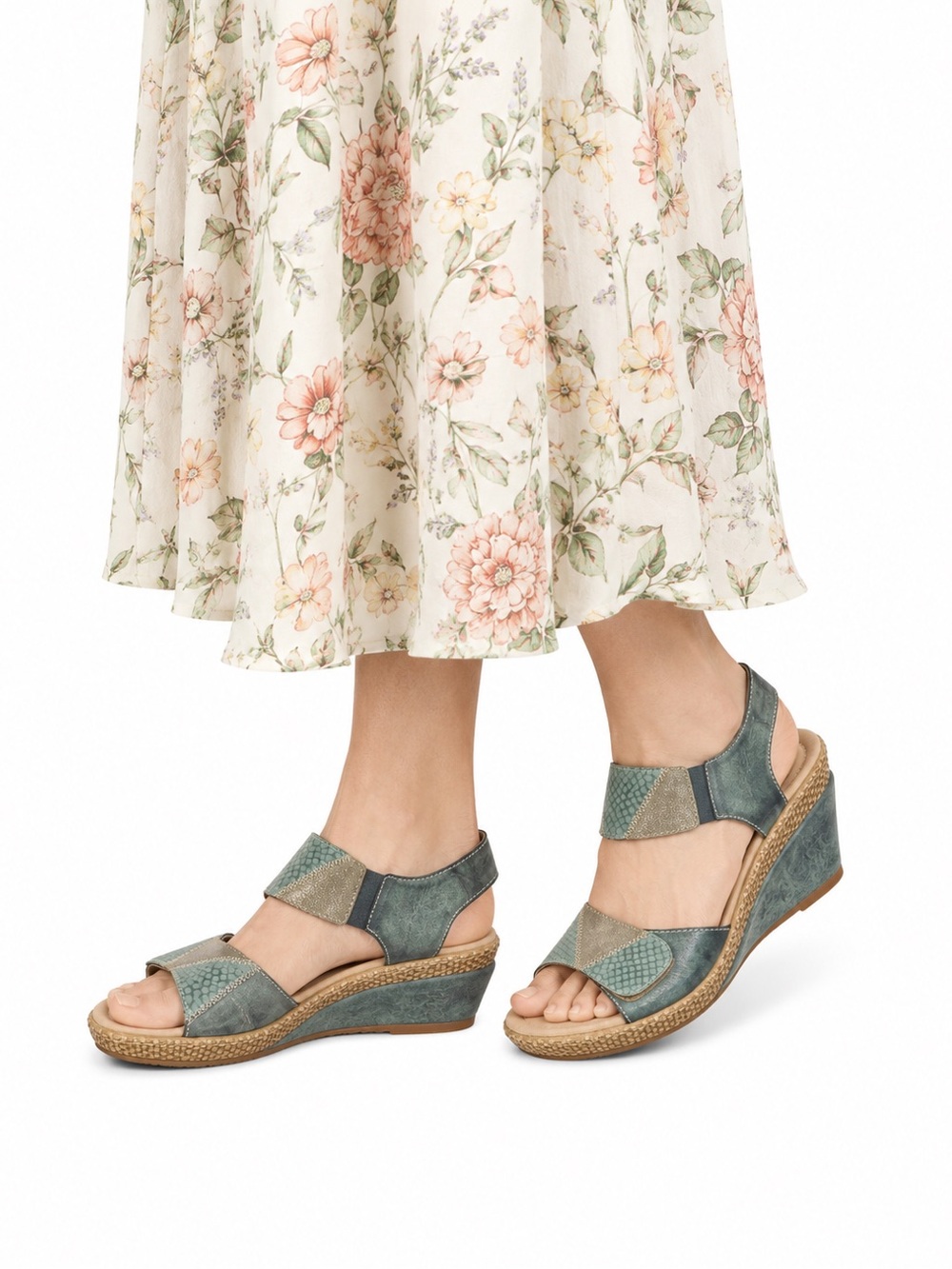 Size 7 Remonte Women’s D8603-100 Leather Wedge Sandals Blue Green Multi
